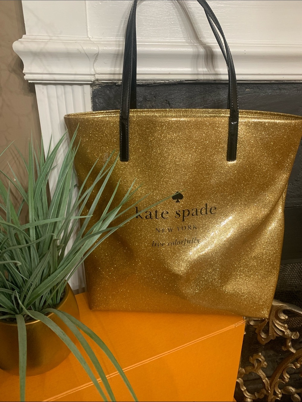 kate spade Gold Glitter Tote with Black Handles